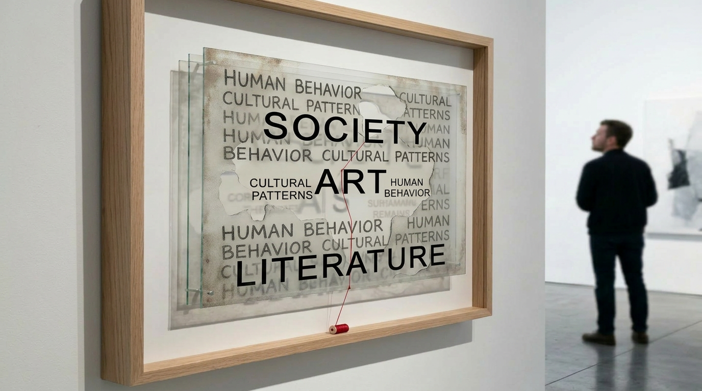 Framed art piece displaying layered text 'EVERYTHING IS TEMPORARY' with connected red thread